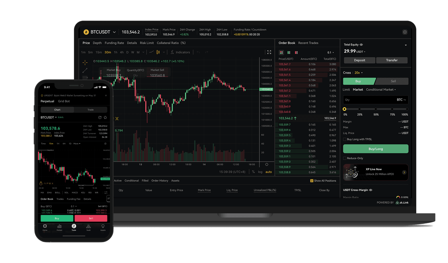 ApeX Omni interface artwork showing perpetual-market charts, order panels, and mobile trading screens