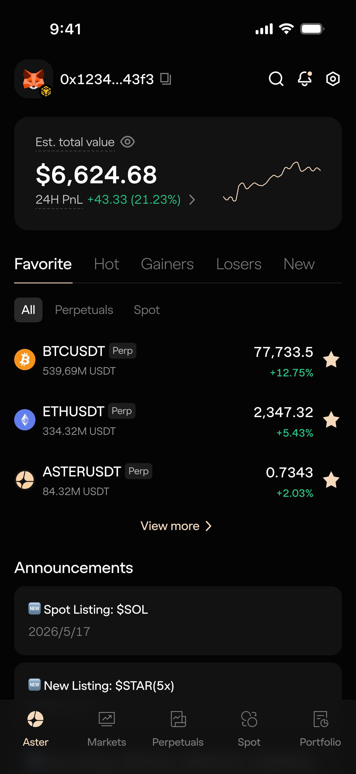 Aster dark-mode derivatives dashboard with a market chart, order controls, and position panels