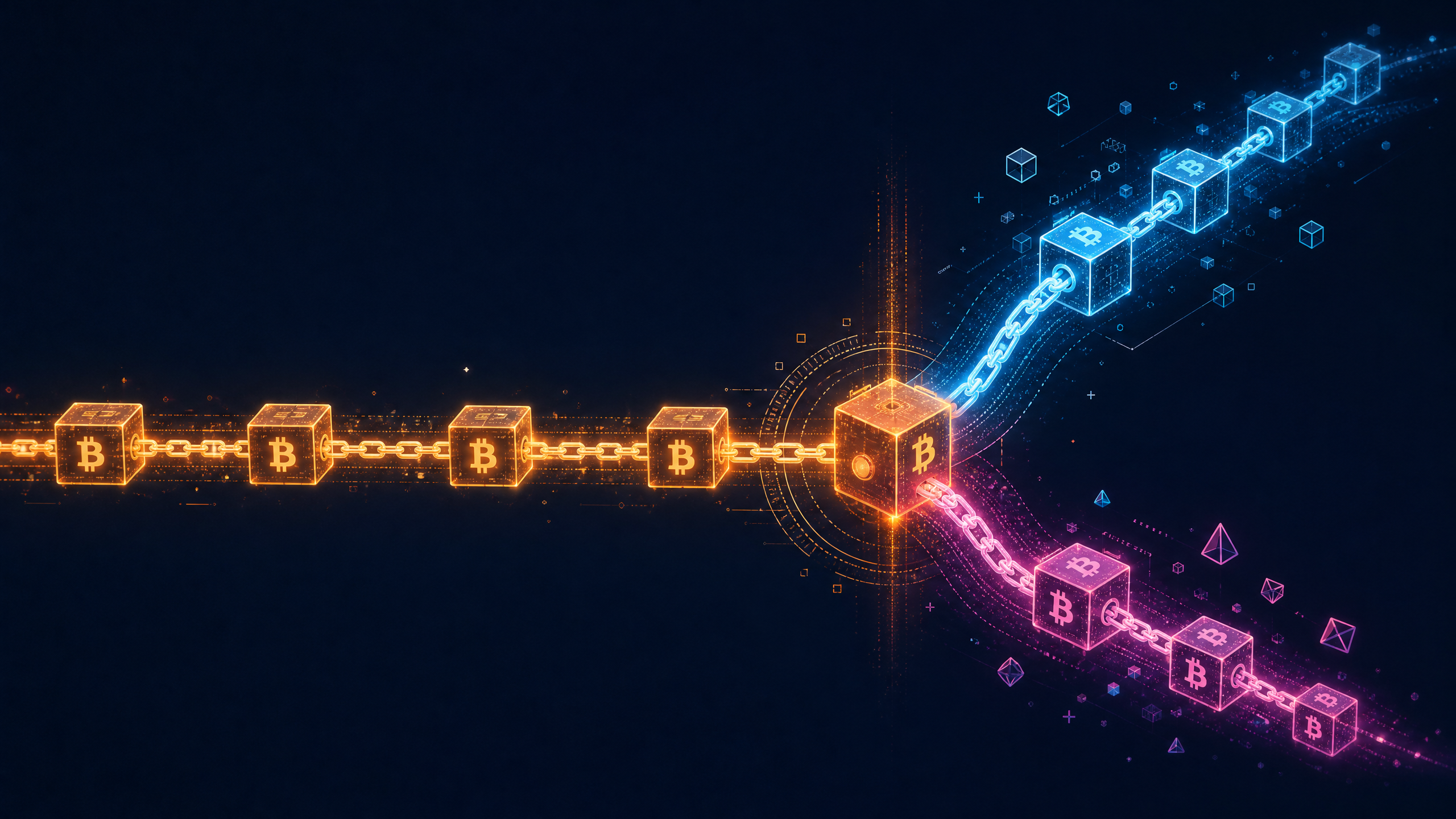 Illustration of one blockchain branching into two protocol paths
