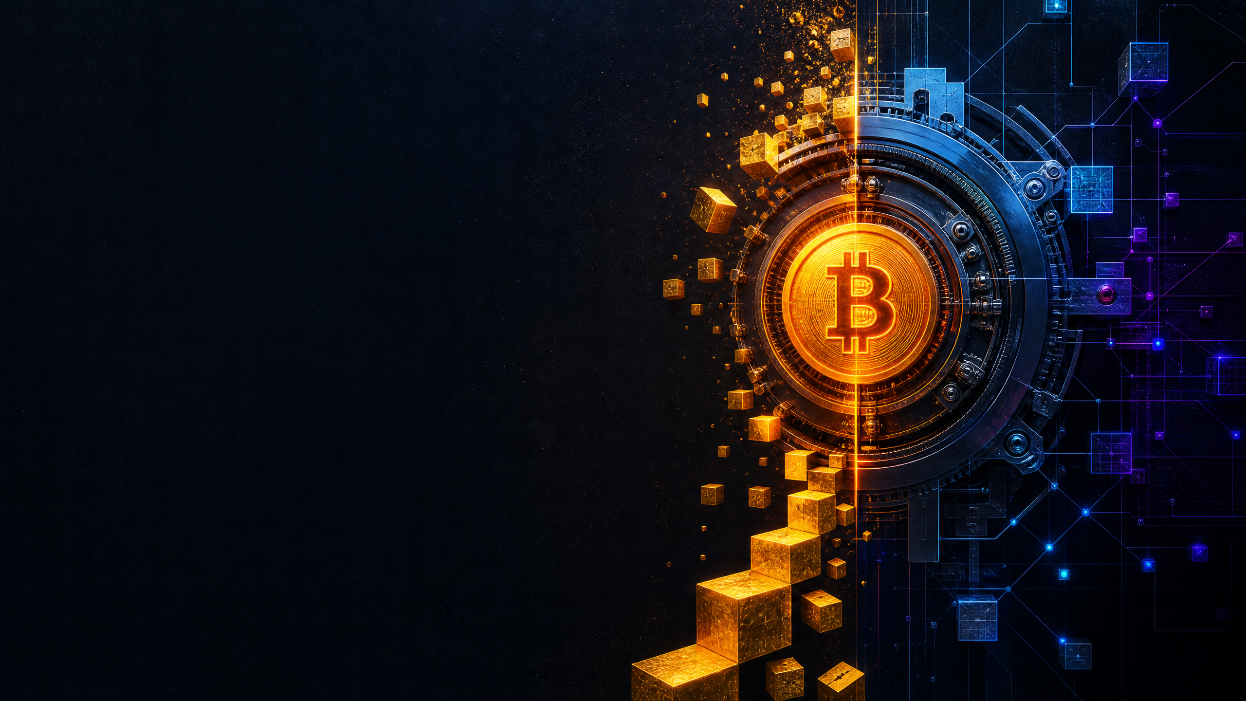 Abstract Bitcoin halving clock and descending block-reward visual